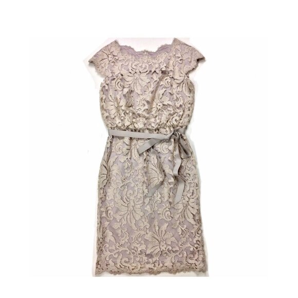 Dresses & Skirts - Tadashi Shoji Nude Beige Floral Embroidery Lace Overlay Pencil S/S Dress Size 6P